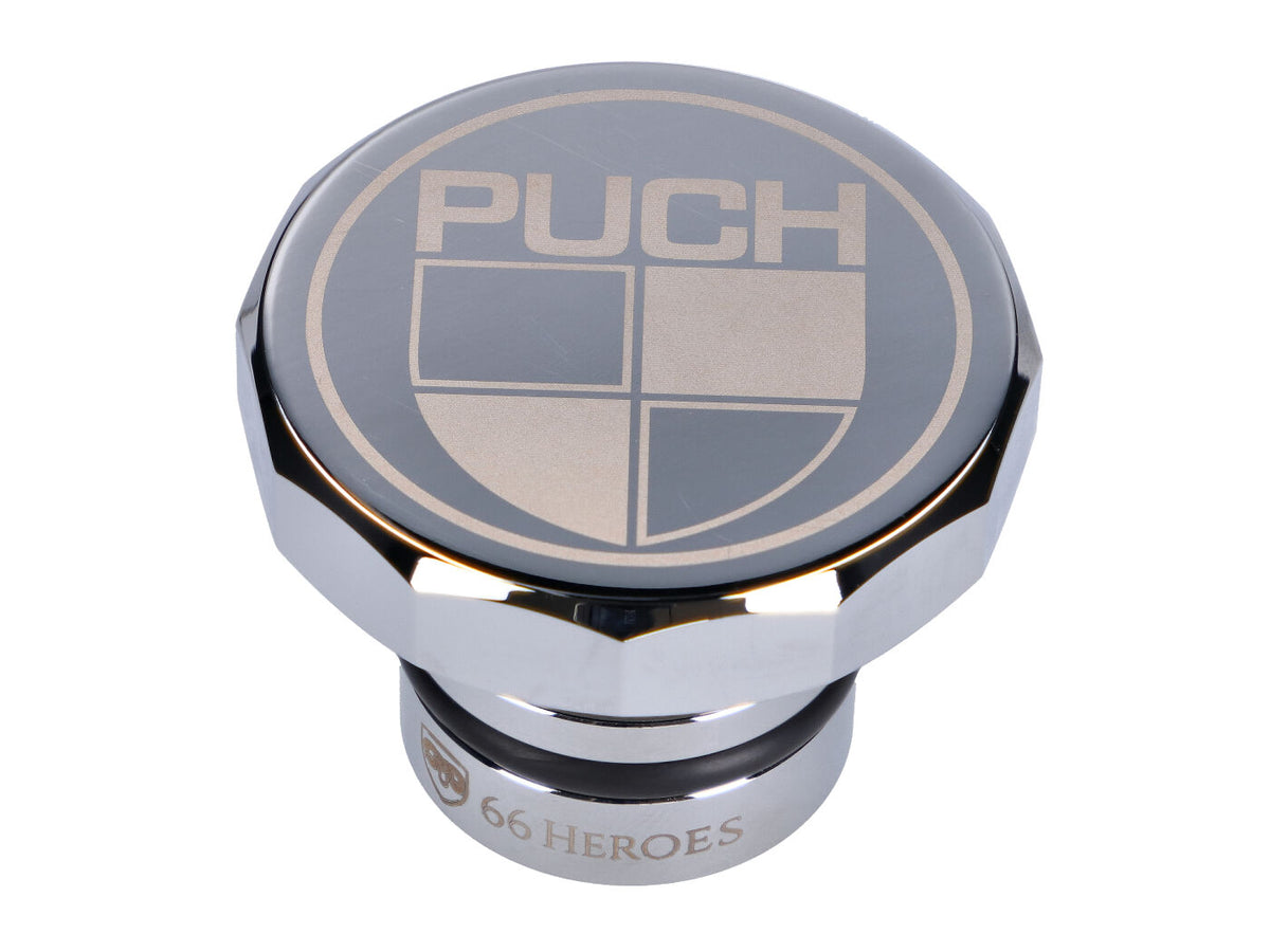 Bouchon de réservoir 66Heroes aluminium chromé avec logo Puch pour Puch Maxi S, N