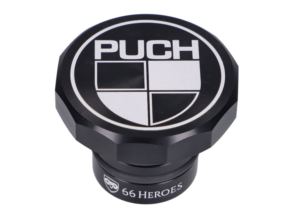 Bouchon de réservoir 66Heroes aluminium noir avec logo Puch pour Puch Maxi S, N