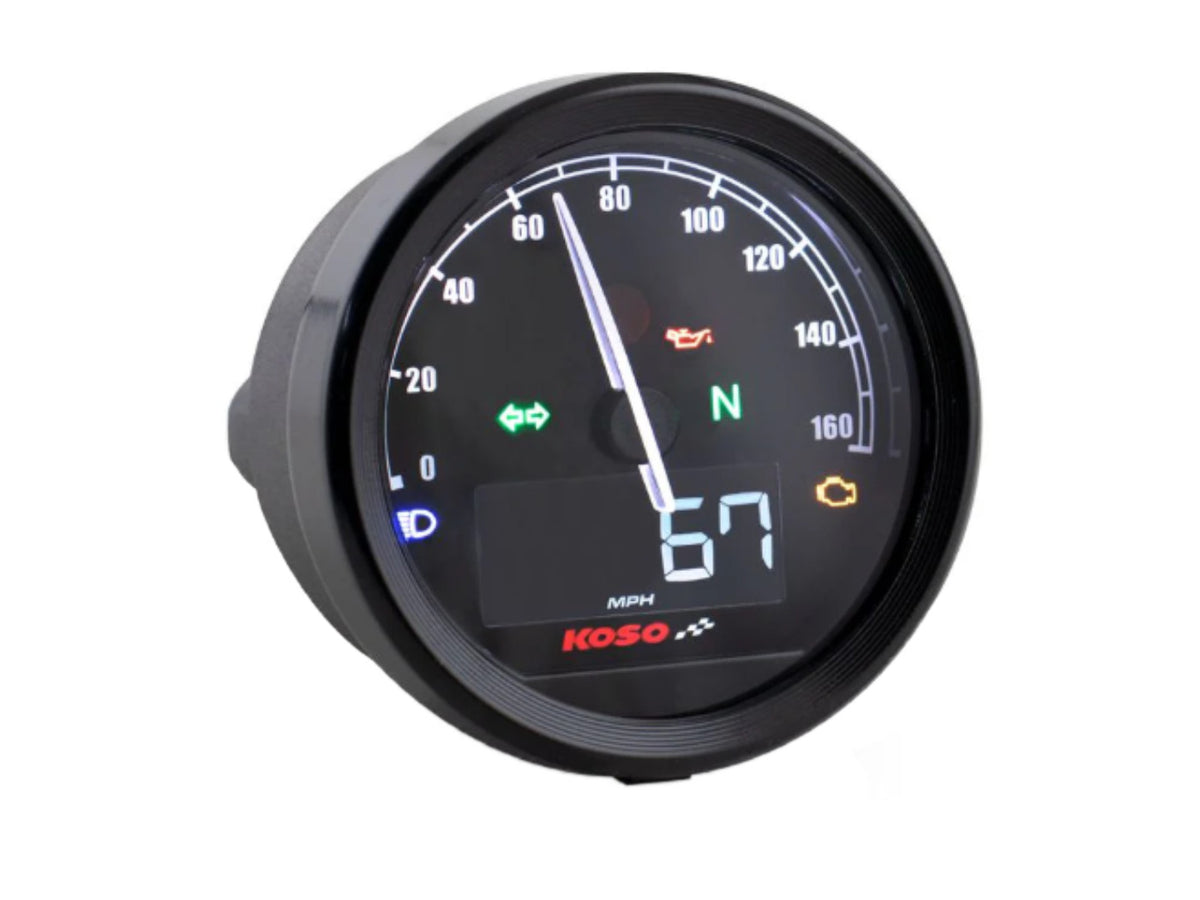 Set tachymètre Koso D=60mm TNT-05 max 160km/h avec indicateur de température et témoins lumineux pour clignotants, neutre, pression d´huile, carburant