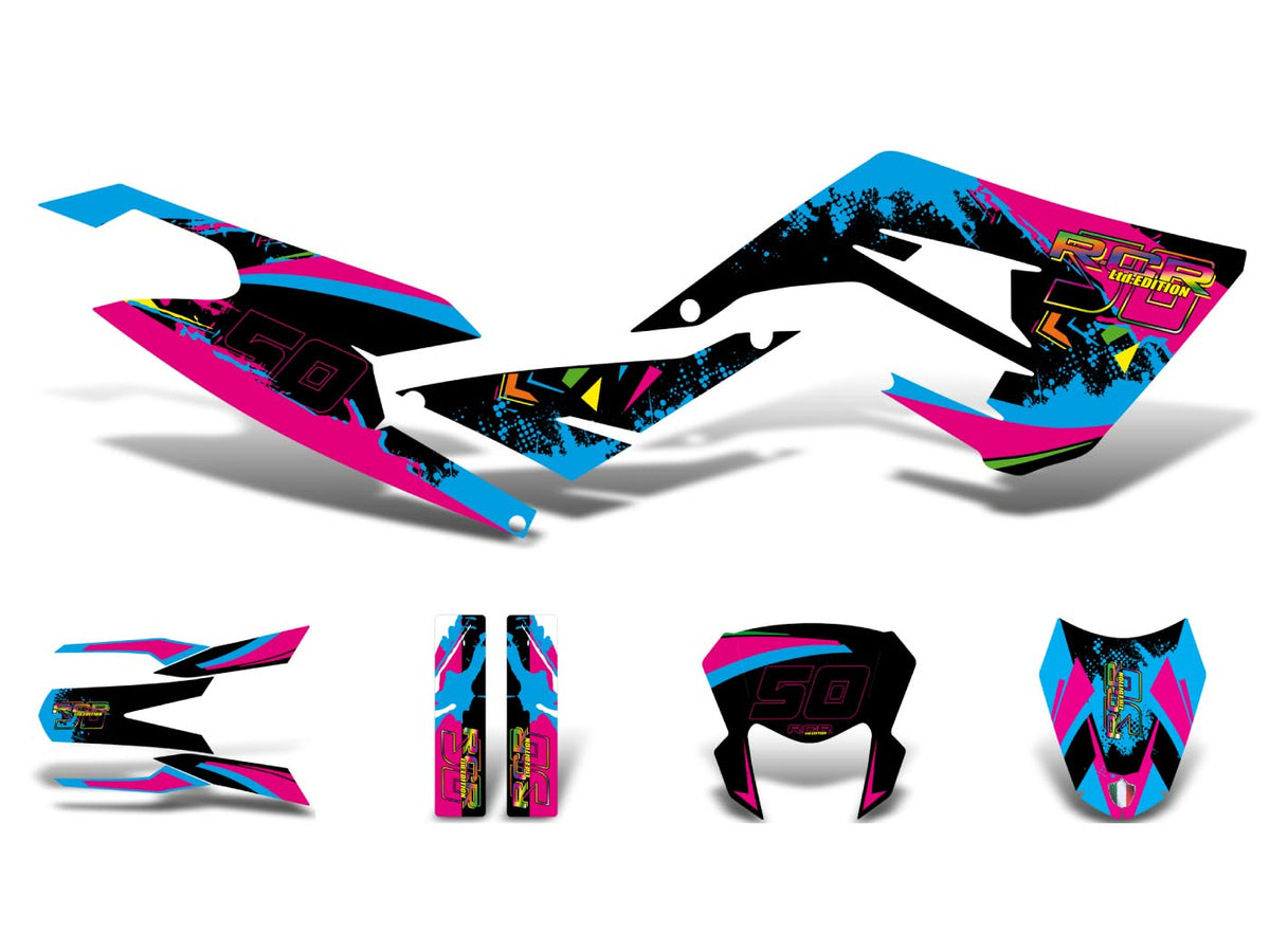 Kit déco autocollants noir-rose-bleu brillant pour Gilera RCR 50 2018-