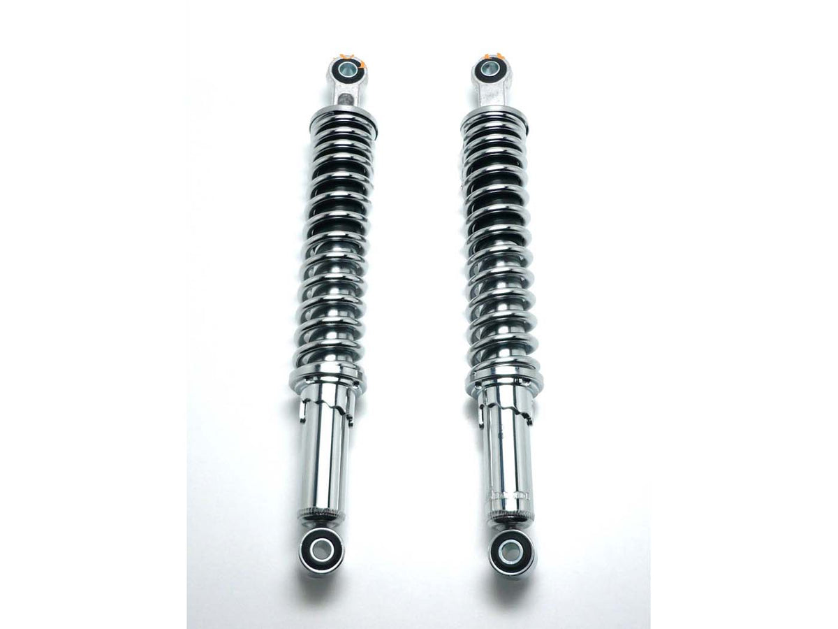 Jeu d´amortisseurs chromés 365mm réglable en 5 positions 8mm fixation pour Kreidler Florett K 54 RS, RMC, Zündapp CX 25, 50 Hai type 448, Hercules KX 5