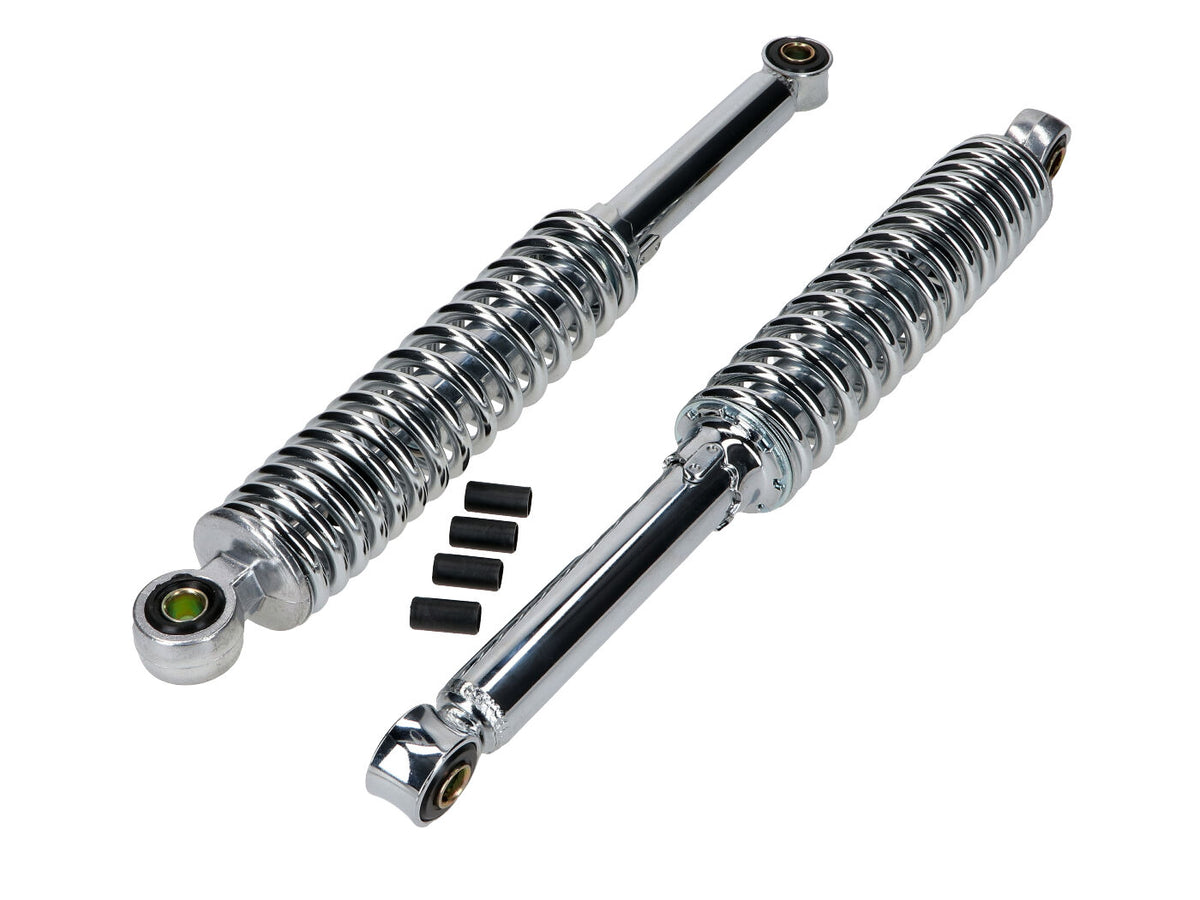 Jeu d´amortisseurs chromés 360mm réglables en 5 positions 10mm douilles pour Kreidler, Zündapp, Hercules, Puch