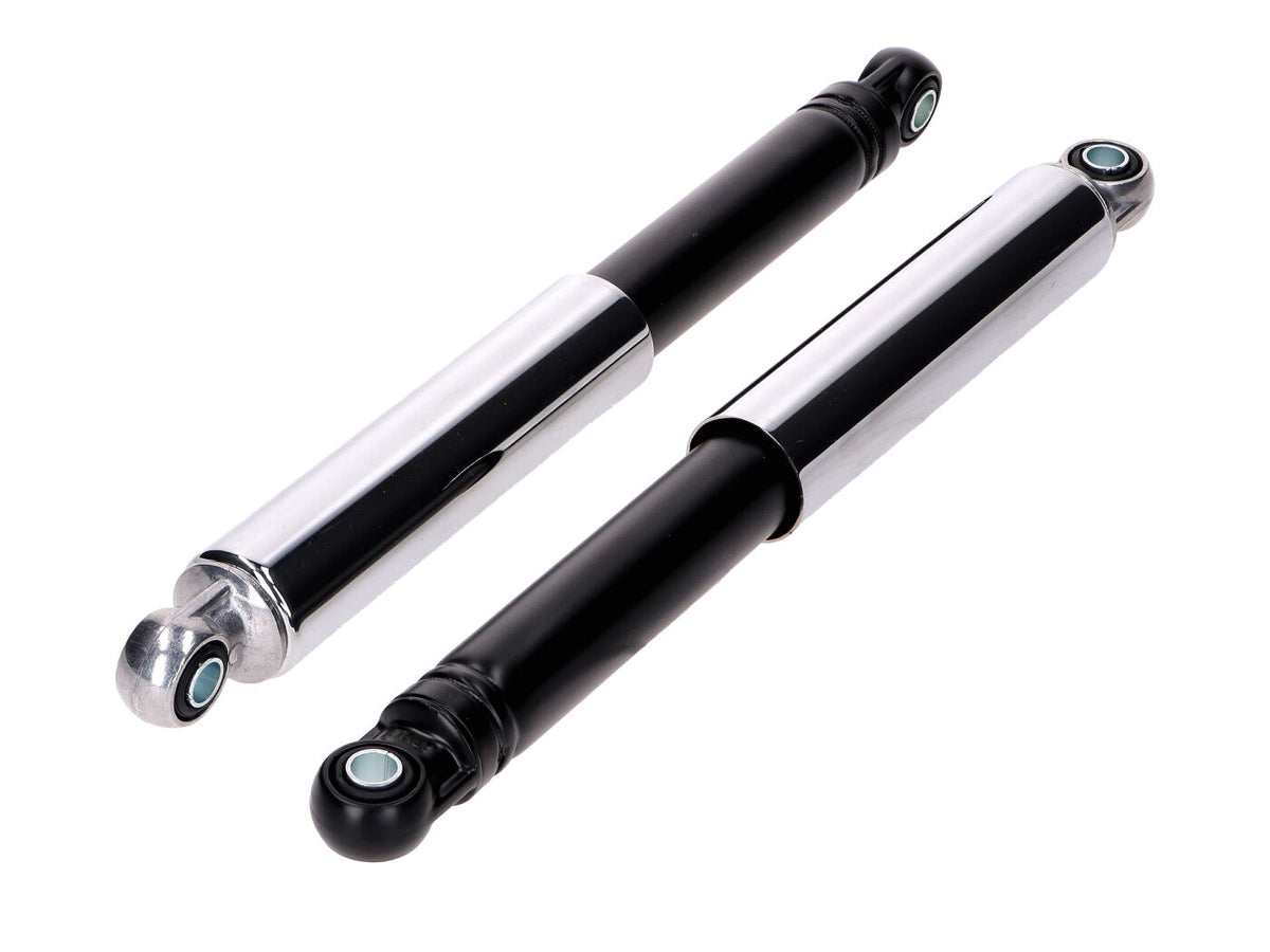 Jeu d´amortisseurs IMCA 290mm chrome/noir pour Zündapp Bergsteiger M 25, M 50, Hercules 220 MK Miele K 52