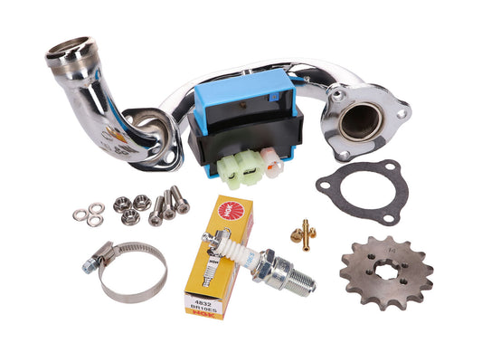 Kit débridage CDI réglable / collecteur chromé pour Derbi Senda, Aprilia RX 50, SX 50, Gilera RCR, SMT 2018- (Euro4)
