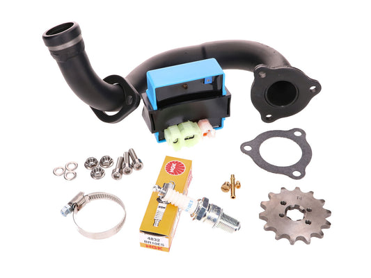 Kit débridage CDI réglable / collecteur noir pour Derbi Senda, Aprilia RX 50, SX 50, Gilera RCR, SMT 2018- (Euro4)