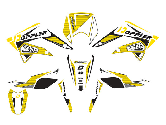 Kit dÃ©co autocollants Doppler blanc-noir-jaune pour Derbi Senda 2011-2017