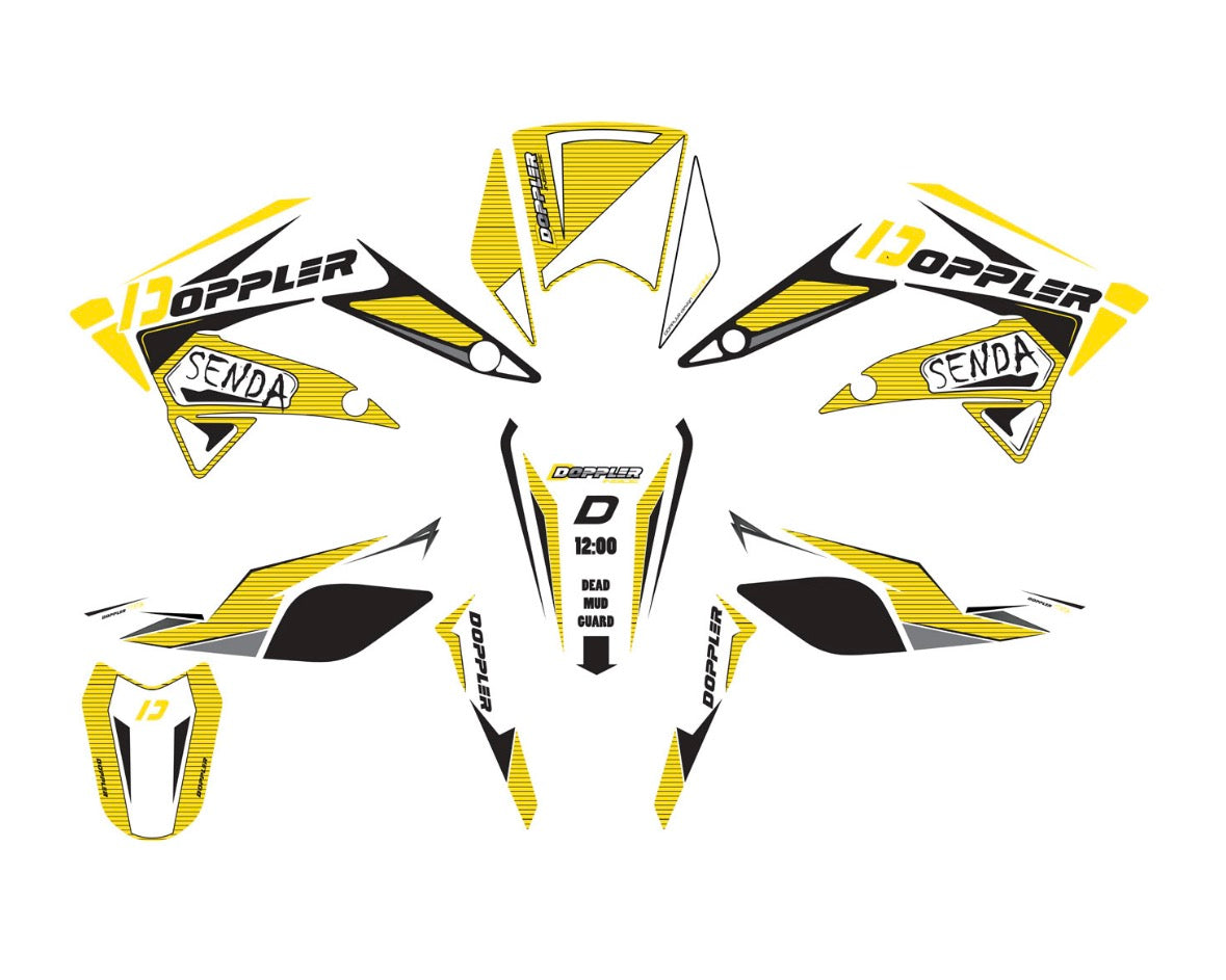 Kit déco Doppler blanc-noir-jaune pour Derbi Senda 2011-2017