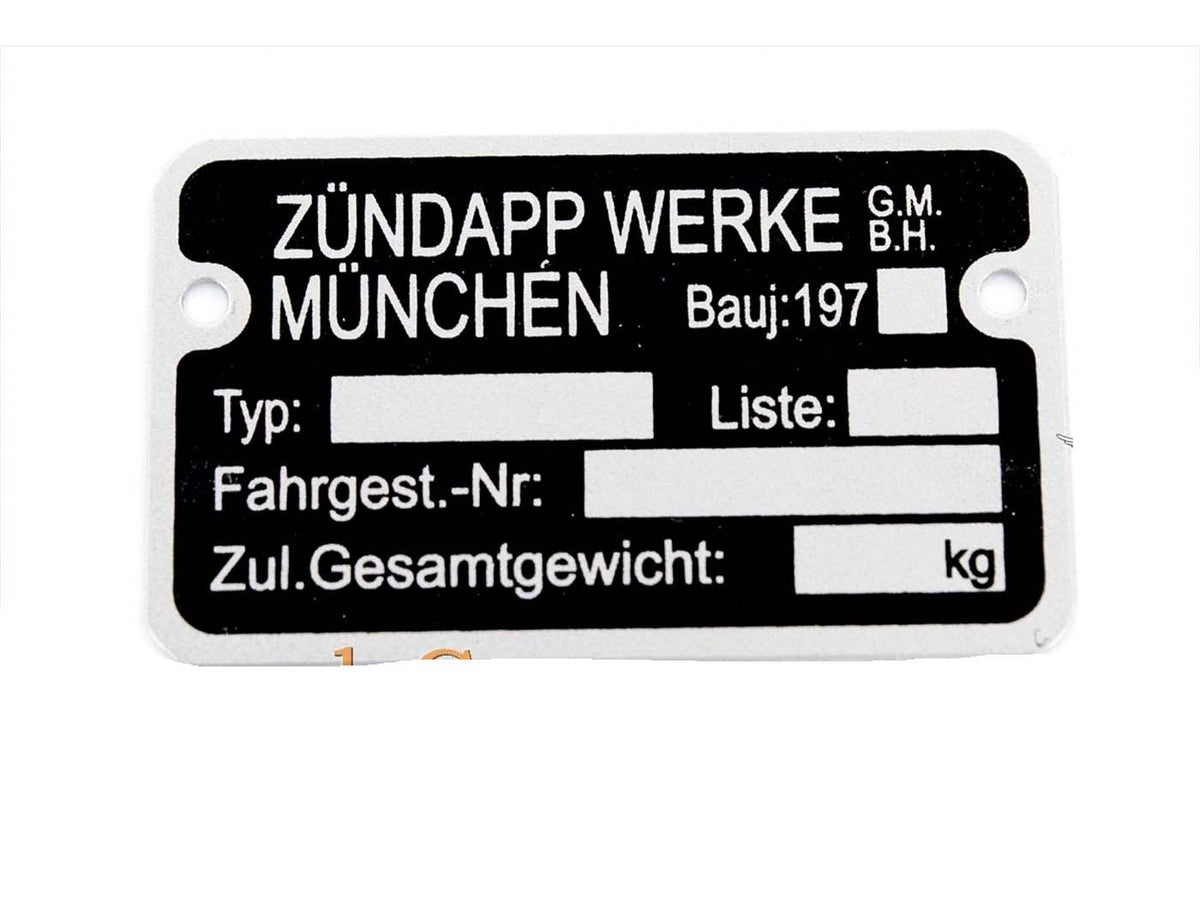 Plaque signalétique vierge en aluminium des années 1970 pour Zündapp, C, CS, CX, Hai, KS, GTS, M, ZD