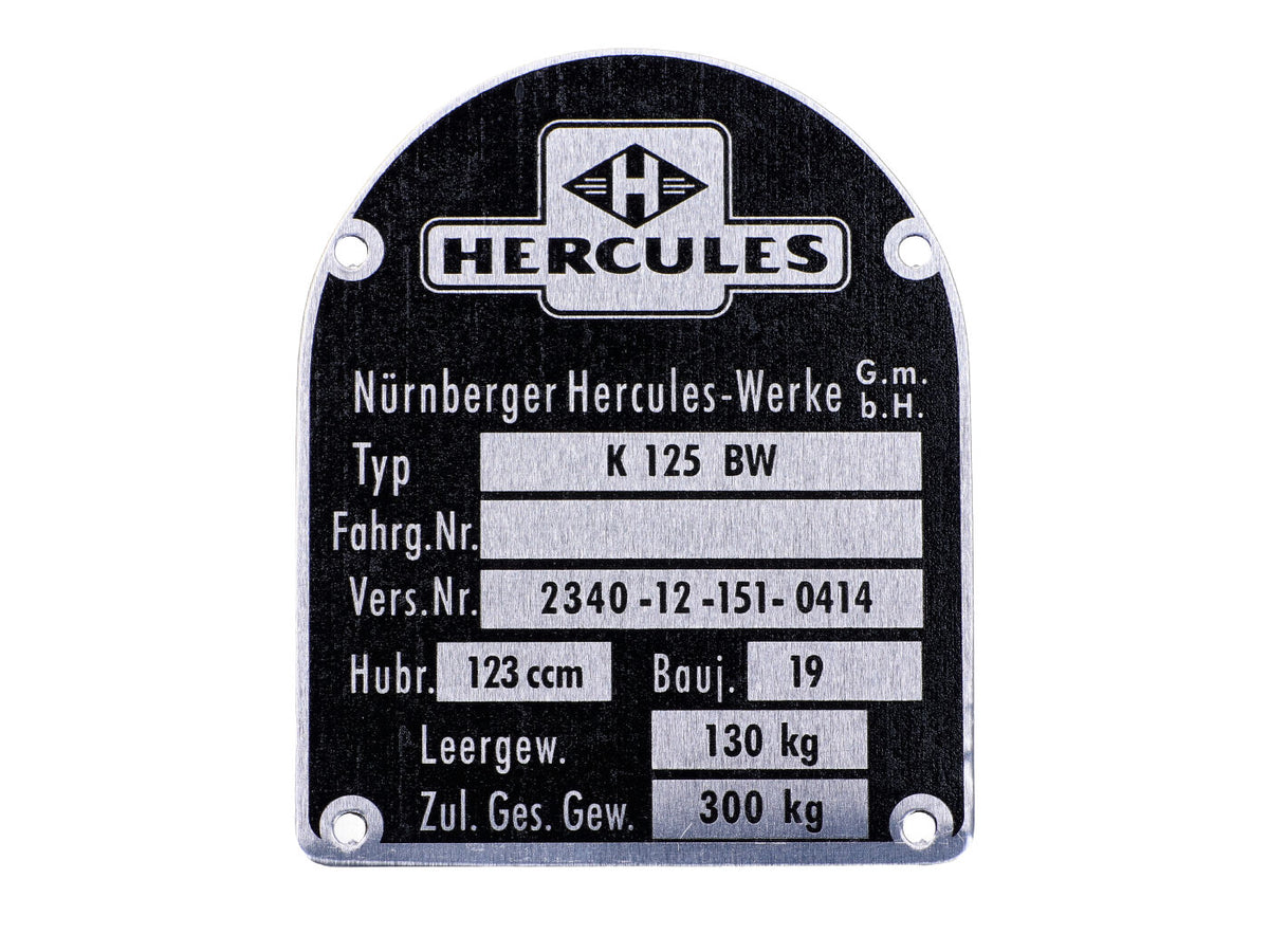Plaque signalétique aluminium noire 123 ccm pour Hercules, K 125
