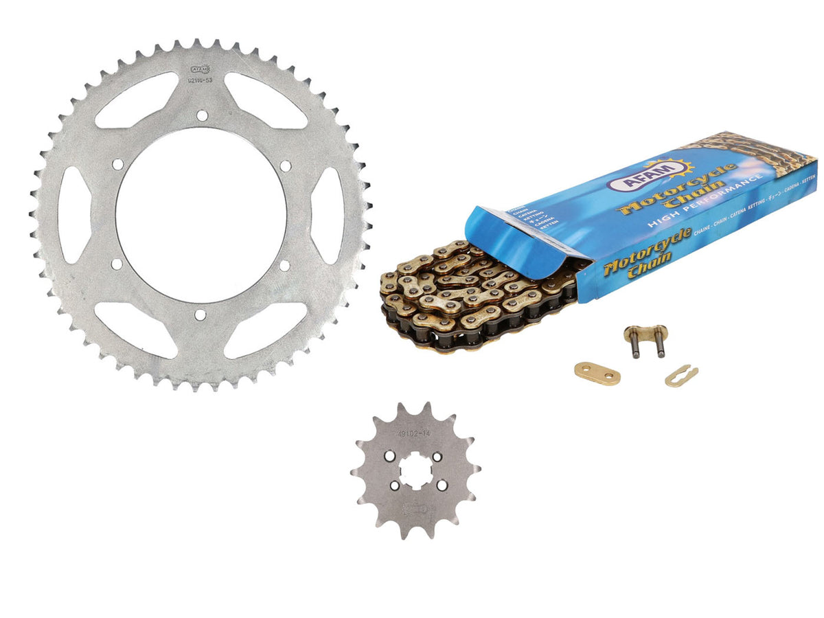 Kit chaîne AFAM 14/53 dents (SUISSE) pour Aprilia RS 50 06-11, RS4, Derbi GPR 50 R, GPR 50 Nude